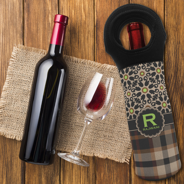 Moroccan Mosaic & Plaid Wine Tote Bag - FLATLAY