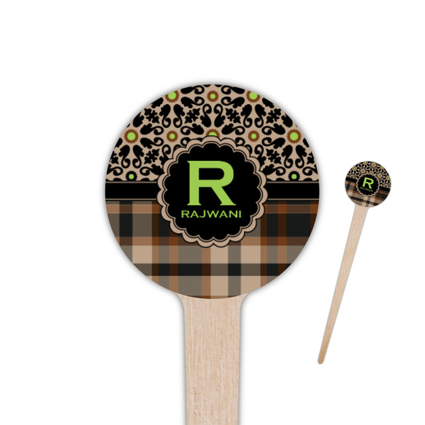 Custom Moroccan Mosaic & Plaid 4" Round Wooden Food Picks - Double Sided (Personalized)