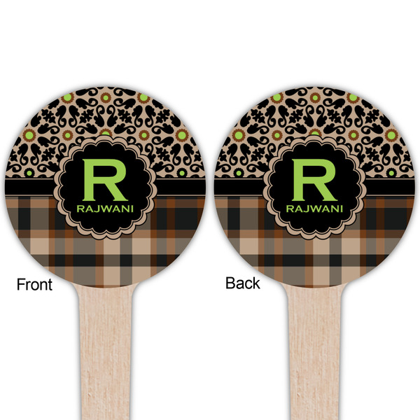Moroccan Mosaic & Plaid Wooden 4" Food Pick - Round - Double Sided - Front & Back