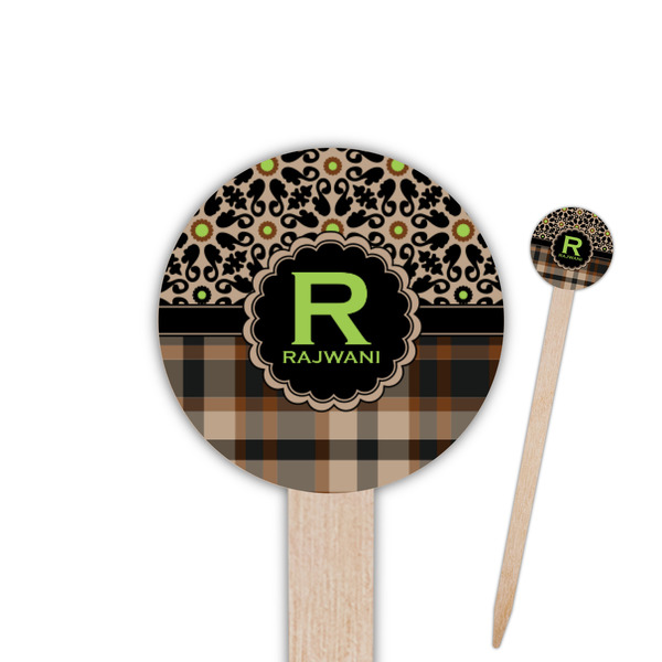Custom Moroccan Mosaic & Plaid 6" Round Wooden Food Picks - Single Sided (Personalized)