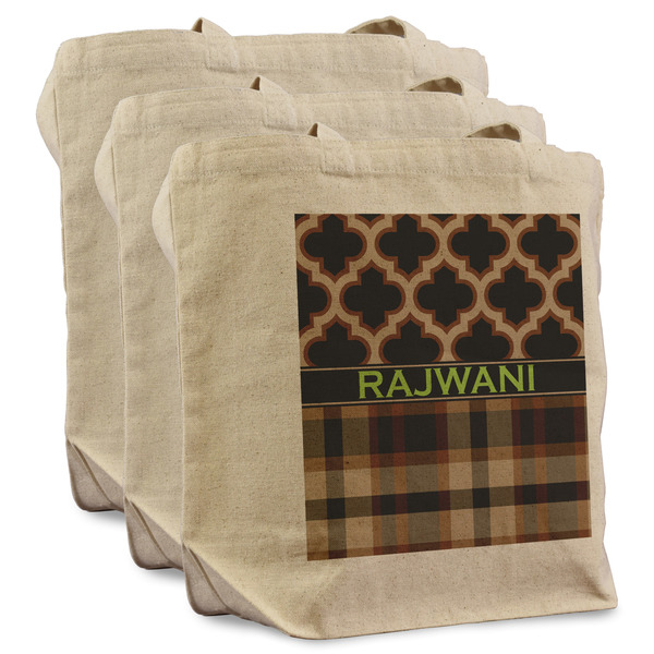 Custom Moroccan & Plaid Reusable Cotton Grocery Bags - Set of 3 (Personalized)