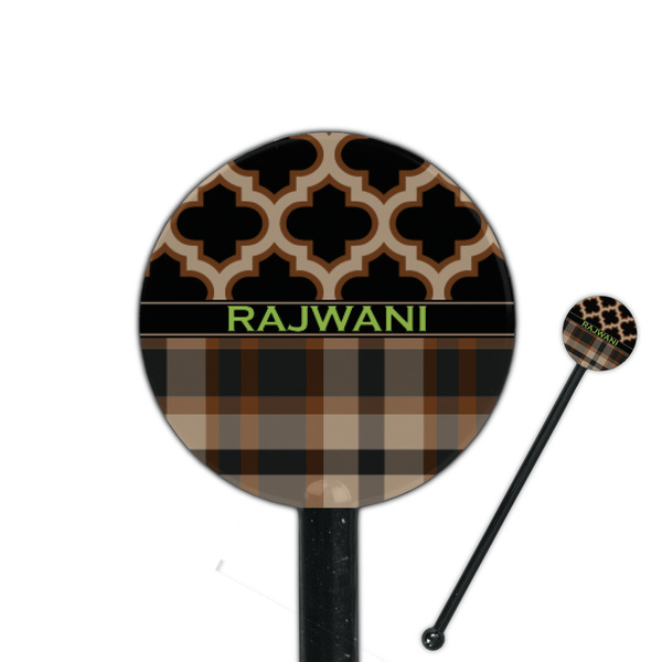 Custom Moroccan & Plaid 5.5" Round Plastic Stir Sticks - Black - Single Sided (Personalized)