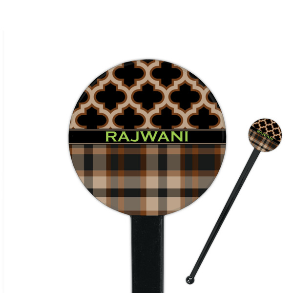 Custom Moroccan & Plaid 7" Round Plastic Stir Sticks - Black - Double Sided (Personalized)