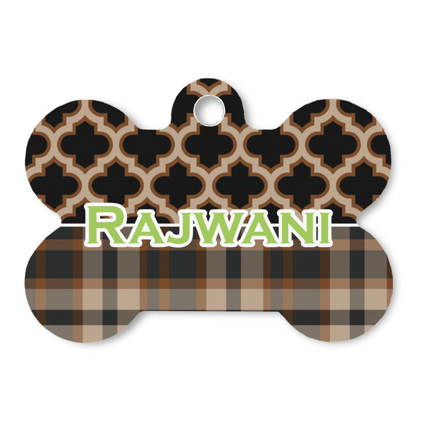 Custom Moroccan & Plaid Bone Shaped Dog ID Tag - Large (Personalized)