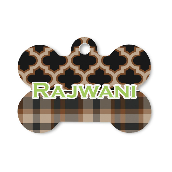 Custom Moroccan & Plaid Bone Shaped Dog ID Tag - Small (Personalized)