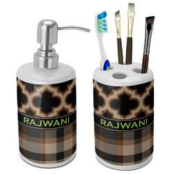 Moroccan & Plaid Ceramic Bathroom Accessories Set (Personalized)