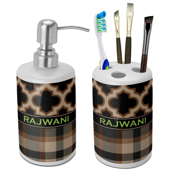 Custom Moroccan & Plaid Ceramic Bathroom Accessories Set (Personalized)