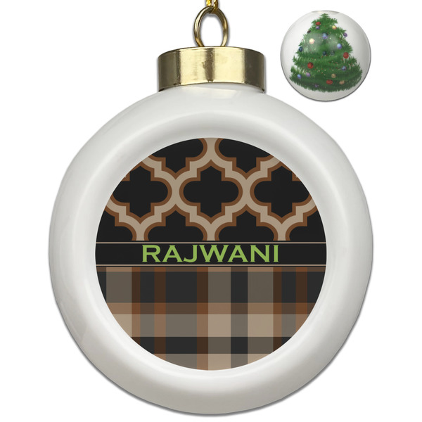 Custom Moroccan & Plaid Ceramic Ball Ornament - Christmas Tree (Personalized)