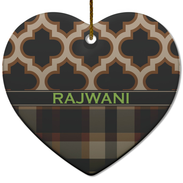 Custom Moroccan & Plaid Heart Ceramic Ornament w/ Name or Text