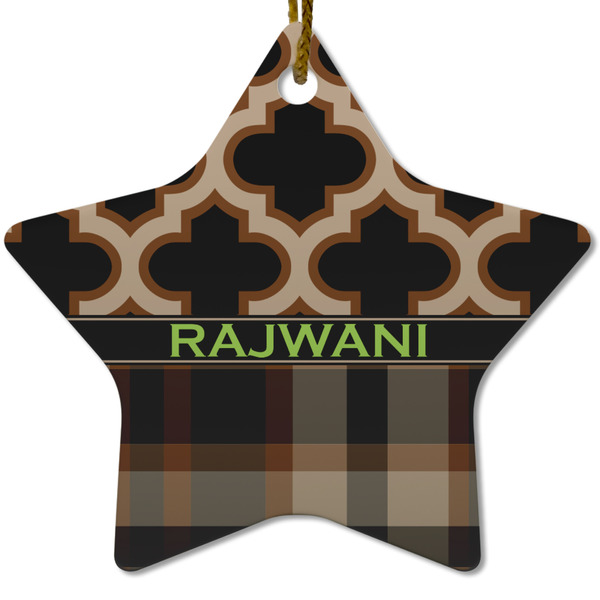 Custom Moroccan & Plaid Star Ceramic Ornament w/ Name or Text
