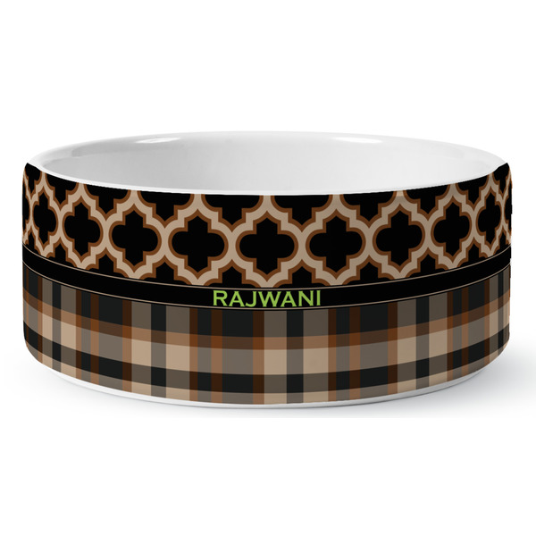 Custom Moroccan & Plaid Ceramic Dog Bowl - Medium (Personalized)