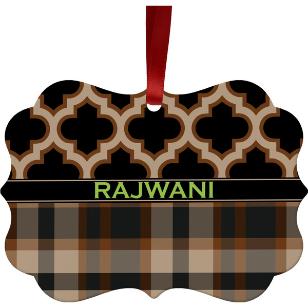 Custom Moroccan & Plaid Metal Frame Ornament - Double Sided w/ Name or Text