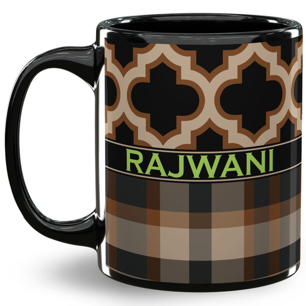 Custom Moroccan & Plaid 11 Oz Coffee Mug - Black (Personalized)