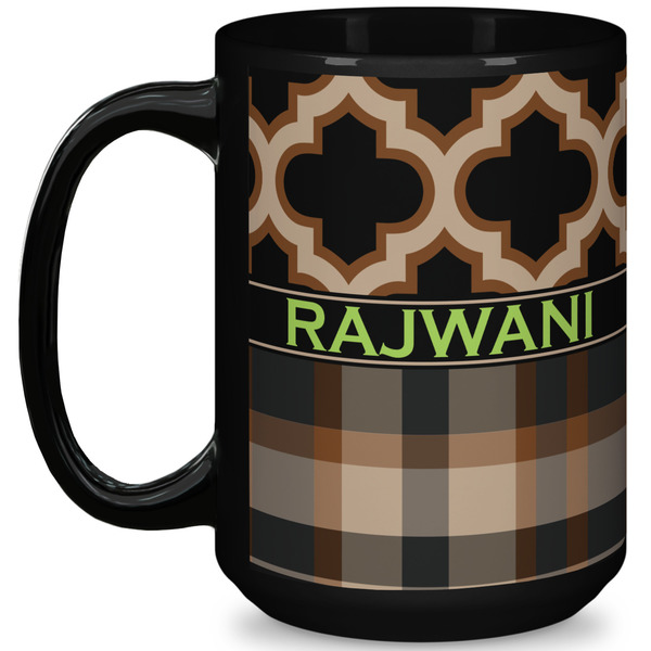 Custom Moroccan & Plaid 15 Oz Coffee Mug - Black (Personalized)