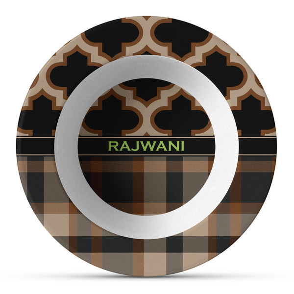 Custom Moroccan & Plaid Plastic Bowl - Microwave Safe - Composite Polymer (Personalized)