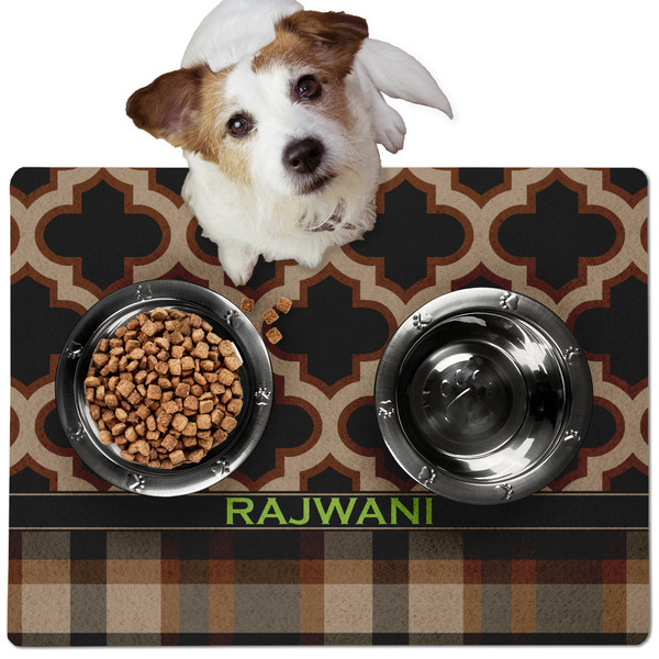 Custom Moroccan & Plaid Dog Food Mat - Medium w/ Name or Text