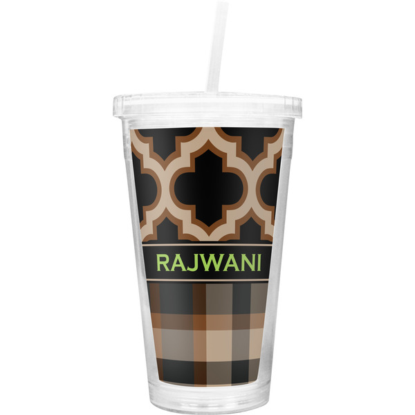 Custom Moroccan & Plaid Double Wall Tumbler with Straw (Personalized)