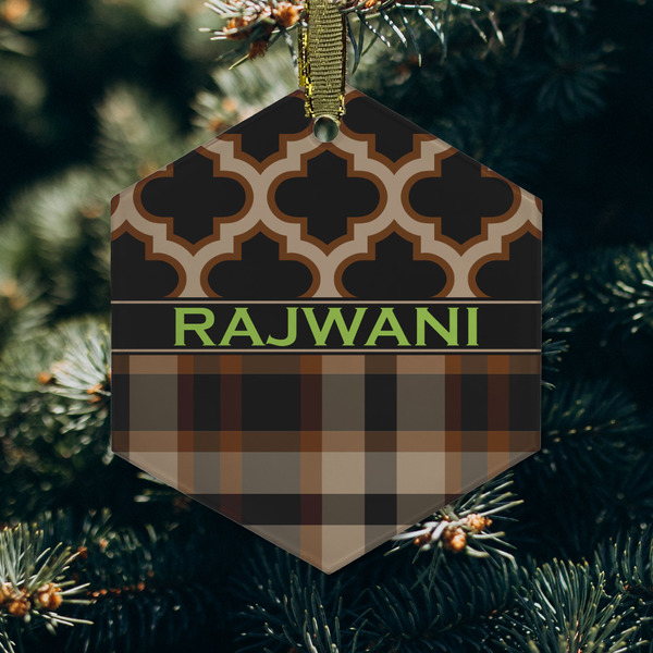 Moroccan & Plaid Frosted Glass Ornament - Hexagon (Lifestyle)
