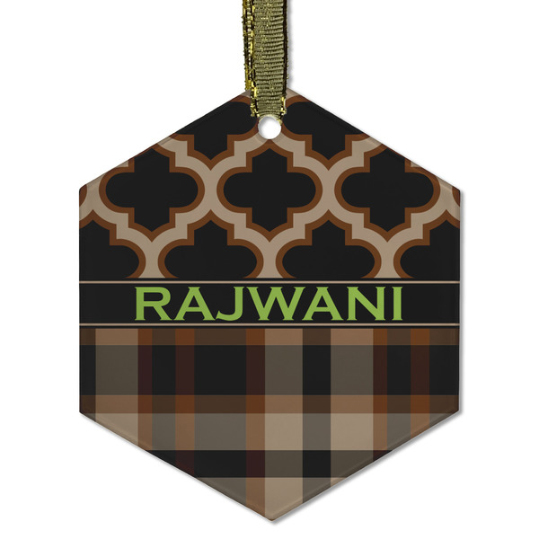 Custom Moroccan & Plaid Flat Glass Ornament - Hexagon w/ Name or Text