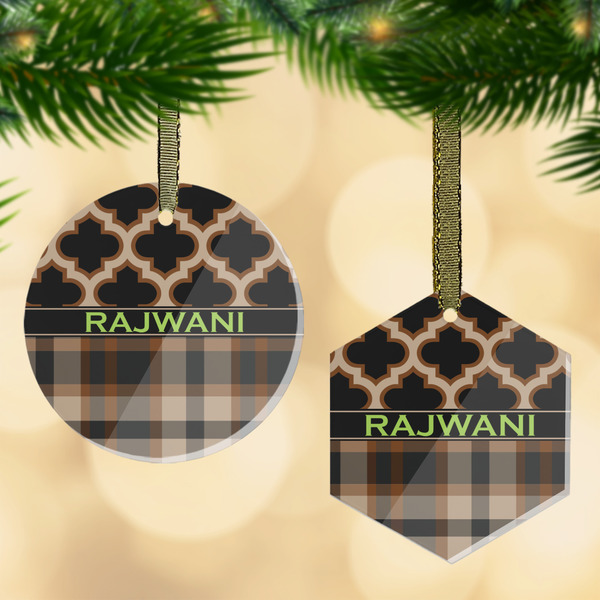 Custom Moroccan & Plaid Flat Glass Ornament w/ Name or Text
