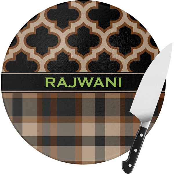 Custom Moroccan & Plaid Round Glass Cutting Board (Personalized)