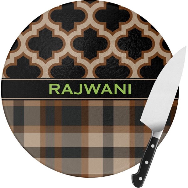 Custom Moroccan & Plaid Round Glass Cutting Board - Medium (Personalized)
