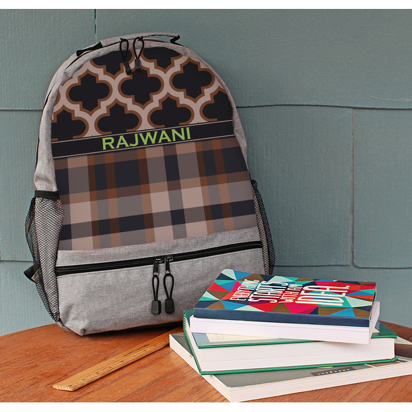 Moroccan & Plaid Large Backpack - Gray - On Desk