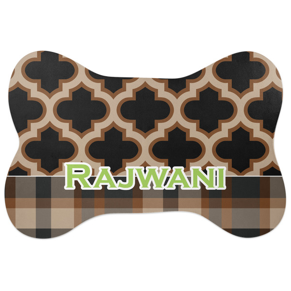 Custom Moroccan & Plaid Bone Shaped Dog Food Mat (Large) (Personalized)