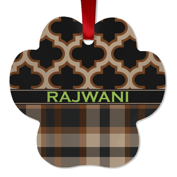 Custom Moroccan & Plaid Metal Paw Ornament - Double Sided w/ Name or Text