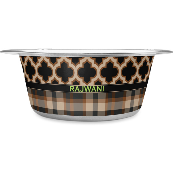 Custom Moroccan & Plaid Stainless Steel Dog Bowl - Medium (Personalized)
