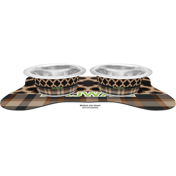 Moroccan & Plaid Metal Pet Bowls - On Dog Bone Shaped Mat
