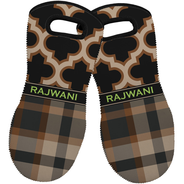 Custom Moroccan & Plaid Neoprene Oven Mitts - Set of 2 w/ Name or Text