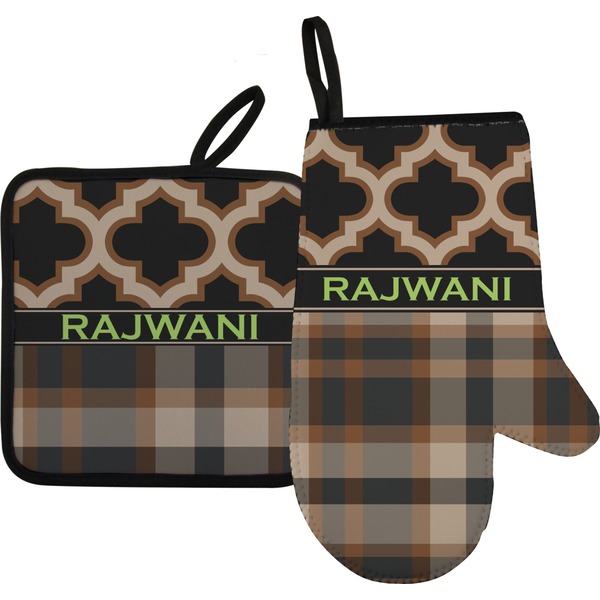 Custom Moroccan & Plaid Right Oven Mitt & Pot Holder Set w/ Name or Text