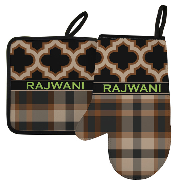 Custom Moroccan & Plaid Left Oven Mitt & Pot Holder Set w/ Name or Text