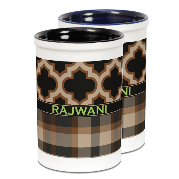 Custom Moroccan & Plaid Ceramic Pencil Holder - Large