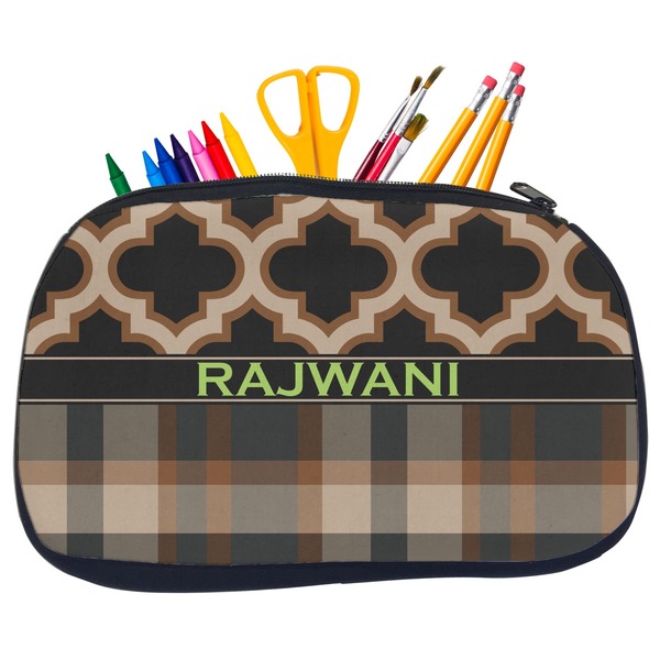 Custom Moroccan & Plaid Neoprene Pencil Case - Medium w/ Name or Text