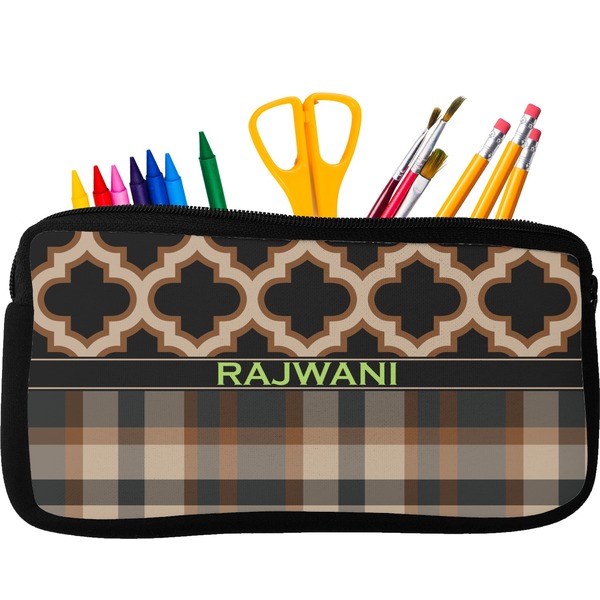 Custom Moroccan & Plaid Neoprene Pencil Case - Small w/ Name or Text