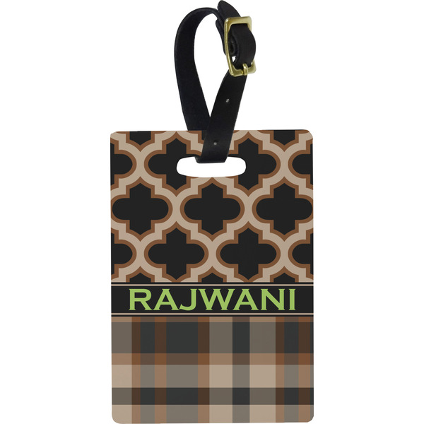 Custom Moroccan & Plaid Plastic Luggage Tag - Rectangular w/ Name or Text
