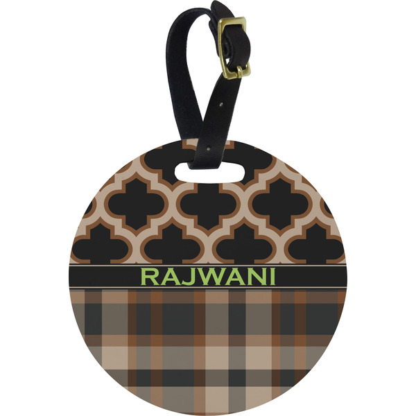 Custom Moroccan & Plaid Plastic Luggage Tag - Round (Personalized)