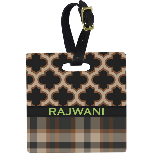 Custom Moroccan & Plaid Plastic Luggage Tag - Square w/ Name or Text