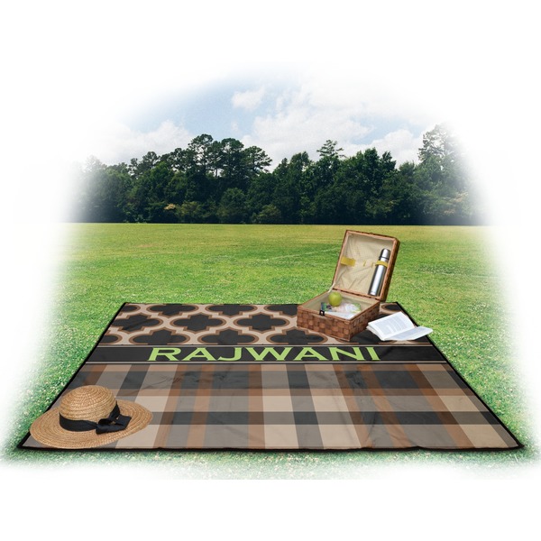 Moroccan & Plaid Picnic Blanket - with Basket Hat and Book - in Use