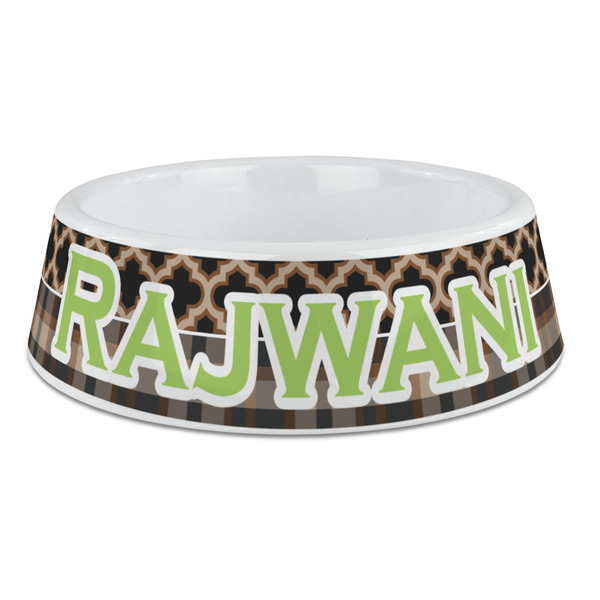 Custom Moroccan & Plaid Plastic Dog Bowl - Large (Personalized)