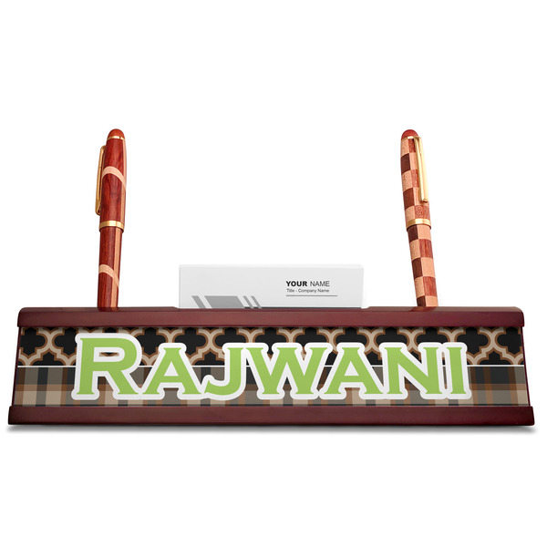 Moroccan & Plaid Red Mahogany Nameplates with Business Card Holder - Straight