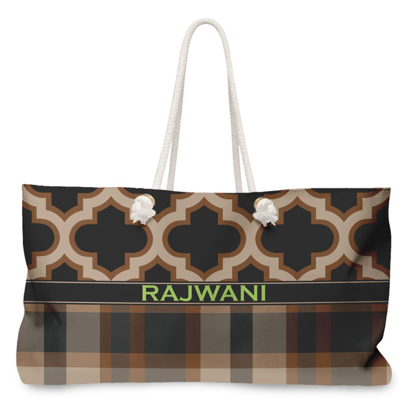 Custom Moroccan & Plaid Large Tote Bag with Rope Handles (Personalized)