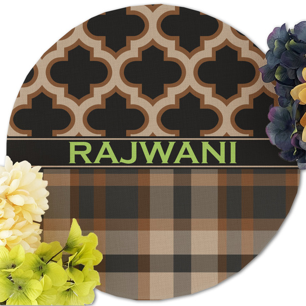 Moroccan & Plaid Round Linen Placemats - Front (w flowers)