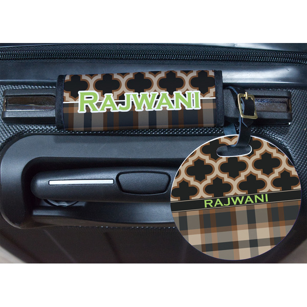 Moroccan & Plaid Round Luggage Tag & Handle Wrap - In Context