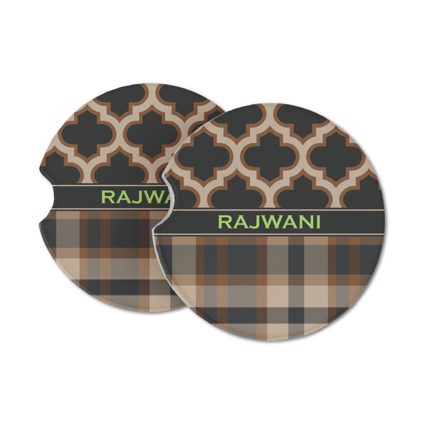 Custom Moroccan & Plaid Sandstone Car Coasters - Set of 2 (Personalized)