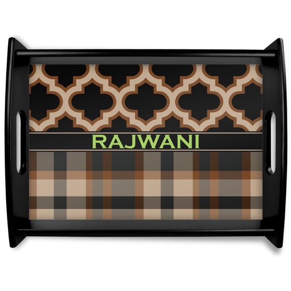 Custom Moroccan & Plaid Black Wooden Tray - Large (Personalized)