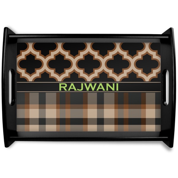 Custom Moroccan & Plaid Black Wooden Tray - Small (Personalized)
