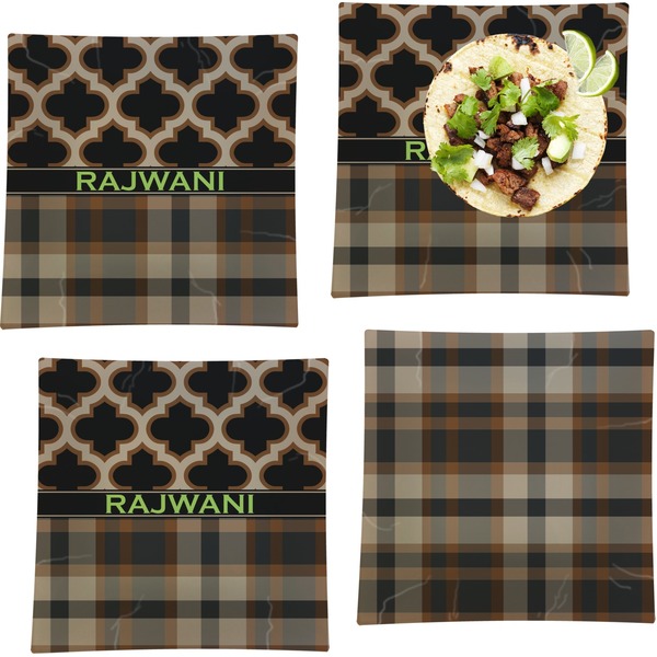 Custom Moroccan & Plaid Set of 4 Glass Square Lunch / Dinner Plate 9.5" (Personalized)